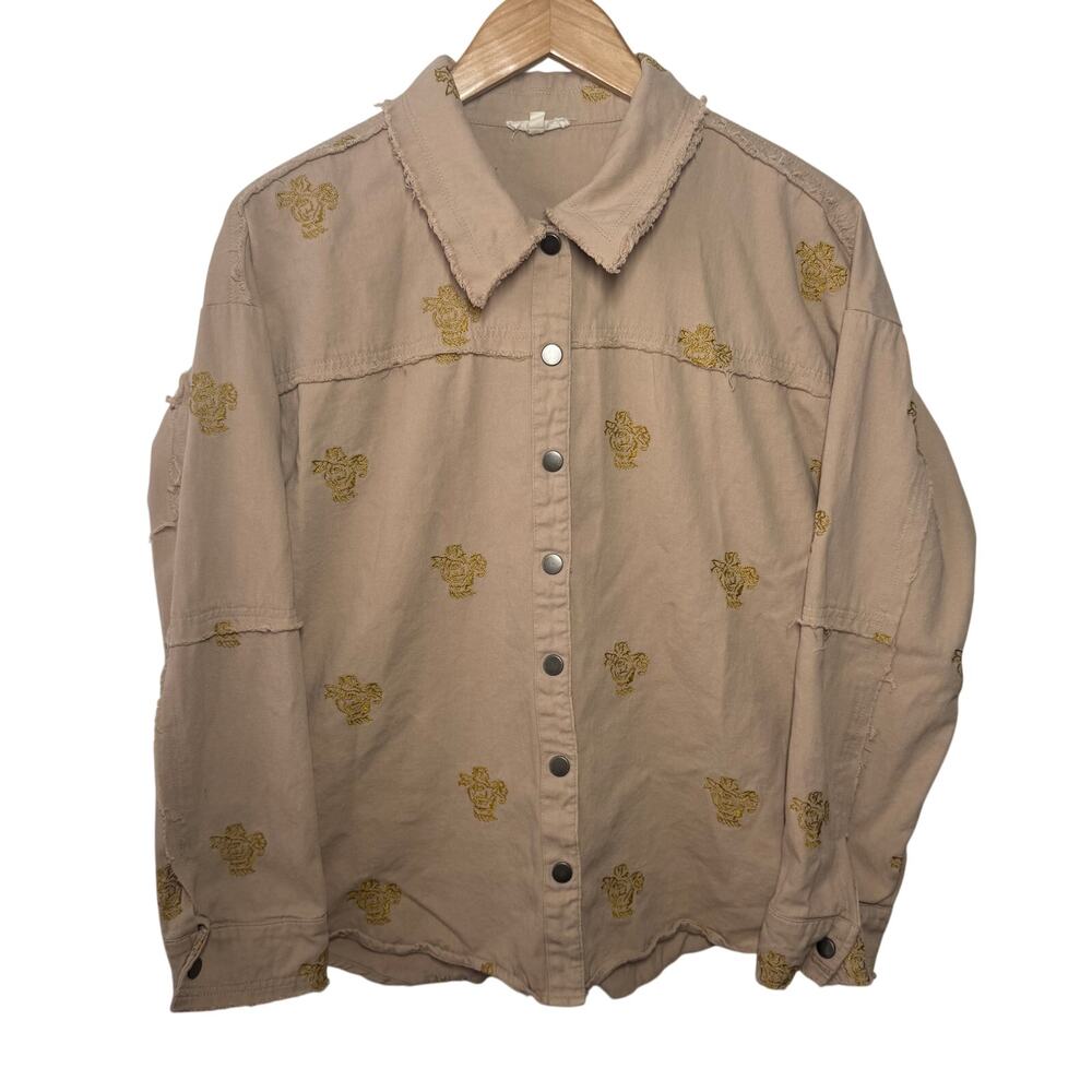 Mystree Shirt Women Size M Button Up Tan Gold Floral Embroidery Cotton Raw Seams